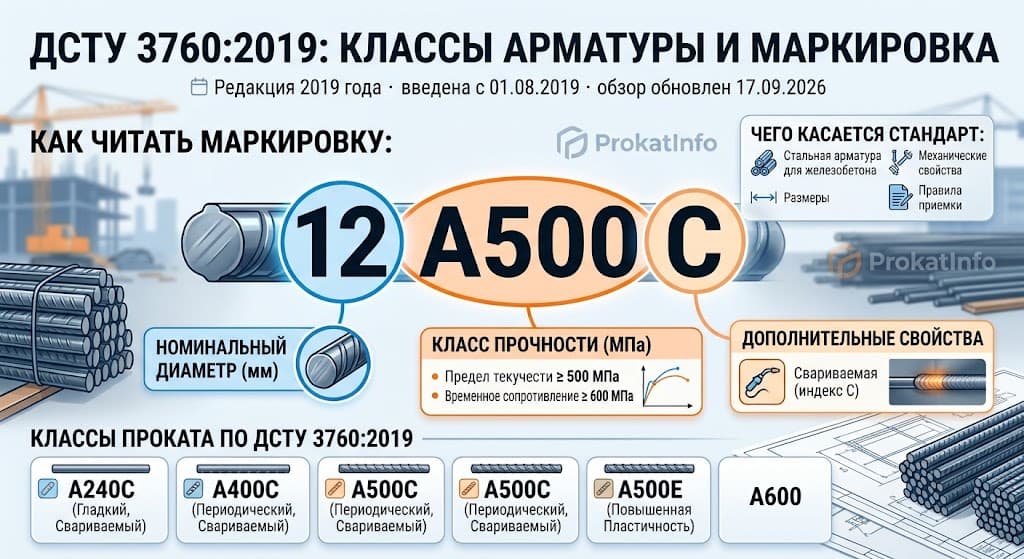 ДСТУ 3760:2019: инфографика классов арматуры и расшифровки обозначения 12 А500С