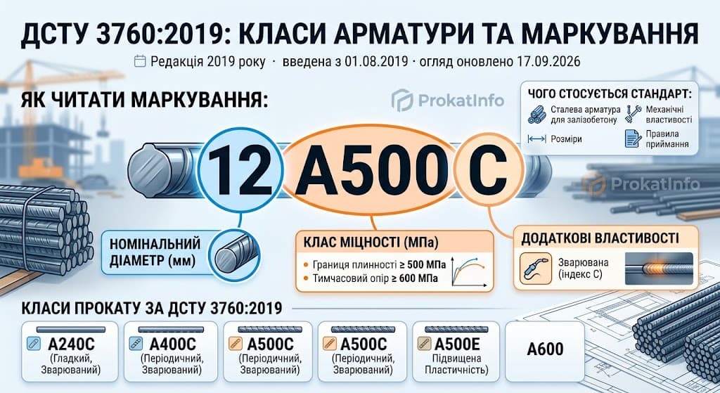 ДСТУ 3760:2019: інфографіка класів арматури та розшифровки позначення 12 А500С